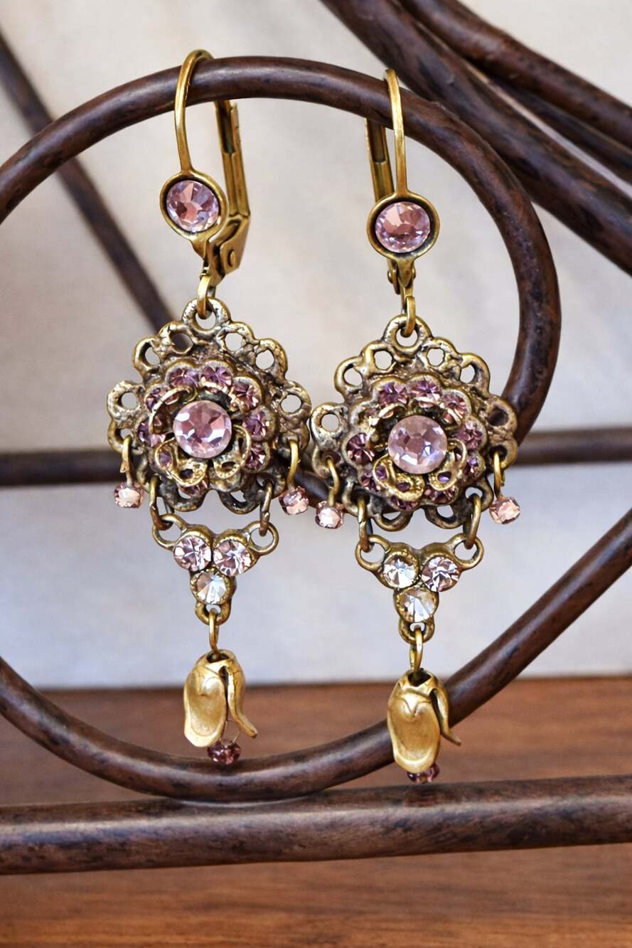 Michal Negrin Vintage Victorian Style Pink Crystal Filigree Dangle Earrings